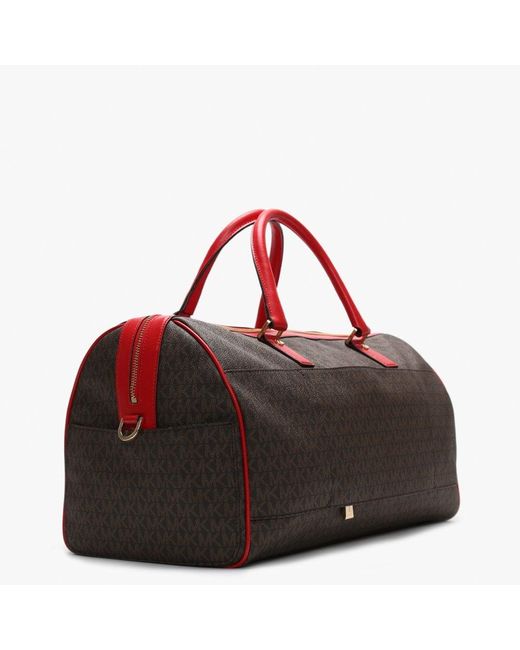 Michael Kors Large Bedford Travel Brown & Bright Red Logo Stripe Weekender  Bag
