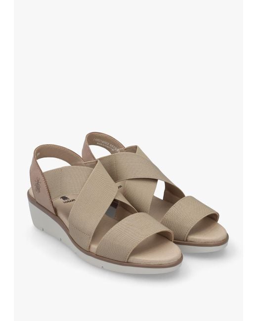 Fly London Natural Noli Taupe Leather Elasticated Low Wedge Sandals