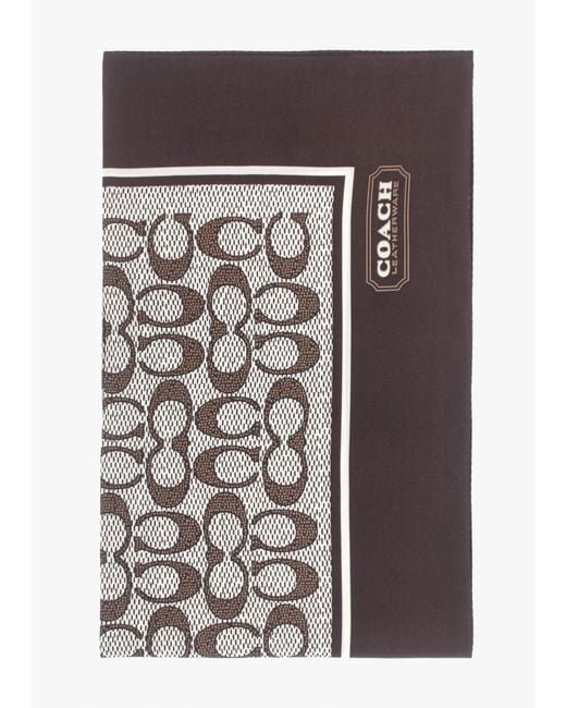 COACH Brown Textured Signature Print Maple Silk Scarf
