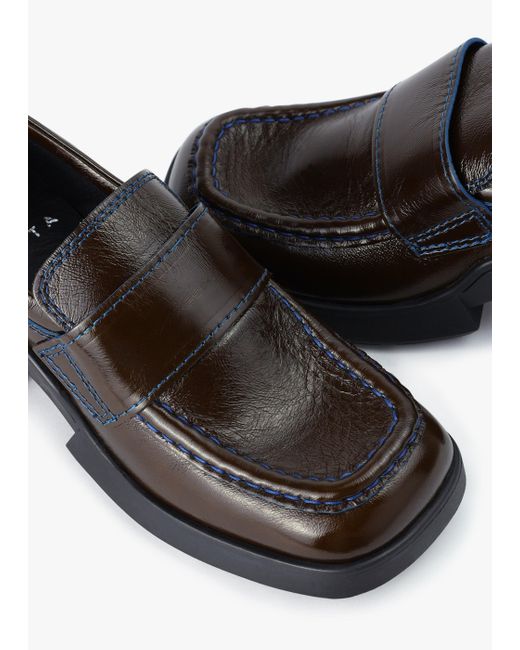 Miista Black Billie Khaki Leather Contract Stitch Chunky Heel Loafers