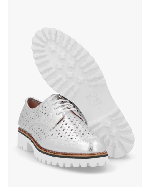 Moda In Pelle White Eloni Silver Metallic Leather Lace Up Brogues