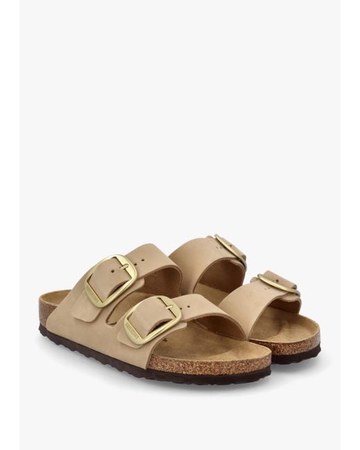 Birkenstock White Arizona Big Buckle Sandcastle Nubuck Leather Two Bar Mules