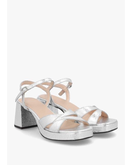 Wonders White Zaida 20 Plata Leather Block Heel Platform Sandals