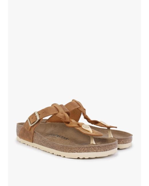 Birkenstock White Gizeh Braided Cognac Oiled Leather Toe Post Sandals