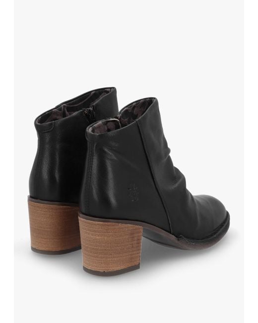 Fly London Bell Black Leather Block Heel Ankle Boots