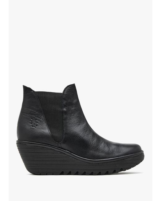 Fly London Woss Black Leather Wedge Ankle Boots