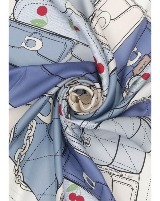 COACH Blue Tabby Cherry Denim Silk Scarf