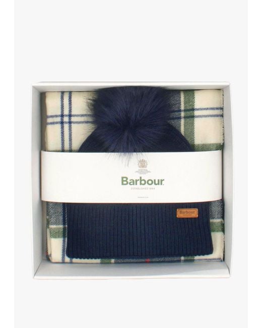 Barbour Blue Dover Light Evergreen Beanie & Hailes Scarf Gift Set
