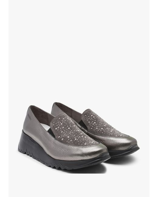 Wonders Gray Jewel Pewter Leather Low Wedge Loafers