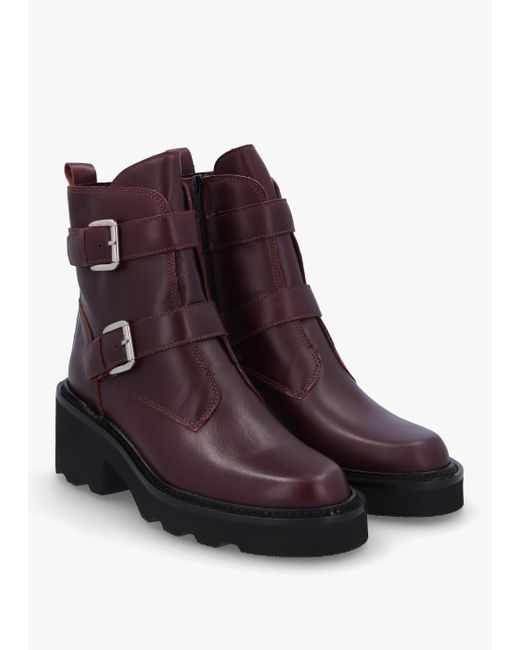 Alpe Brown Arose Burgundy Leather Double Buckle Ankle Boots