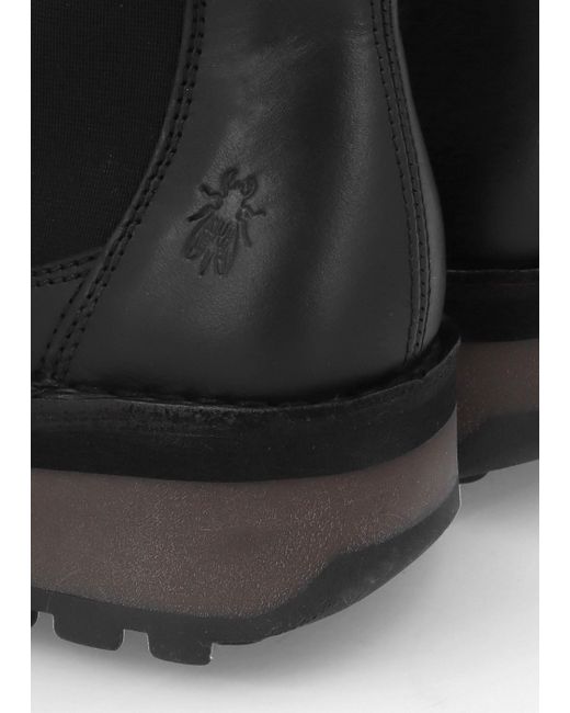 Fly London Huud Black Leather Low Wedge Chelsea Boots