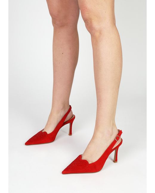 Daniel Elove Red Suede Crystal Heart Toe Cap Heeled Sling Backs