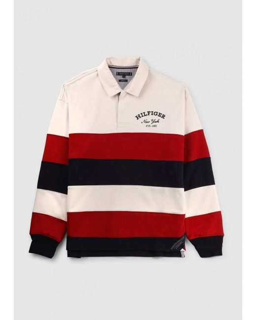 Tommy Hilfiger Red Mens Stripe Prep Rugby Poloshirt In White