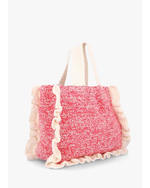 Ganni Pink Egret Red Organic Cotton Crochet Frill Tote Bag