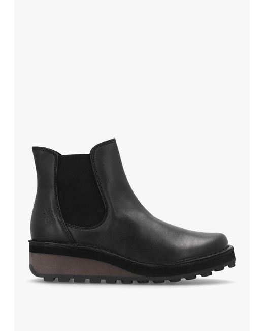 Fly London Huud Black Leather Low Wedge Chelsea Boots