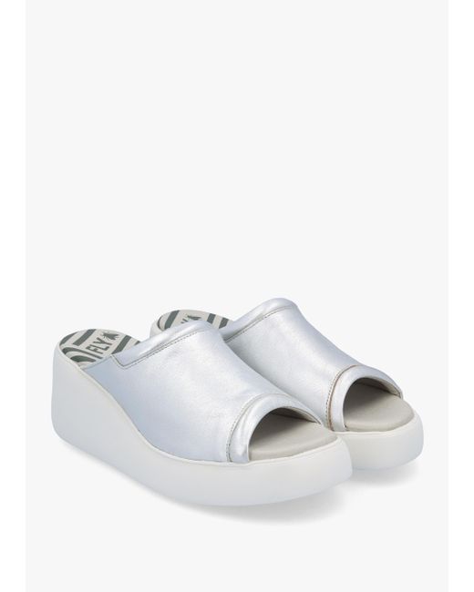 Fly London White Doli Silver Leather Wedge Mules