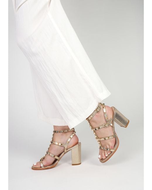 Daniel Natural Pitter Gold Leather Studded Block Heeled Sandals