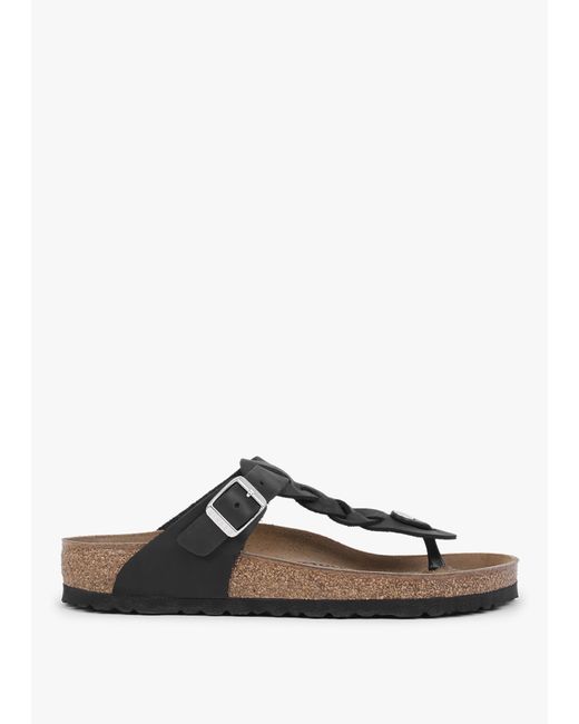 Birkenstock White Gizeh Braided Regular Black Oiled Leather Toe Post Sandals