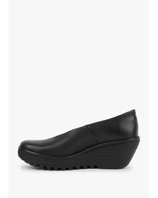 Fly London Yaz Black Leather Wedge Court Shoes