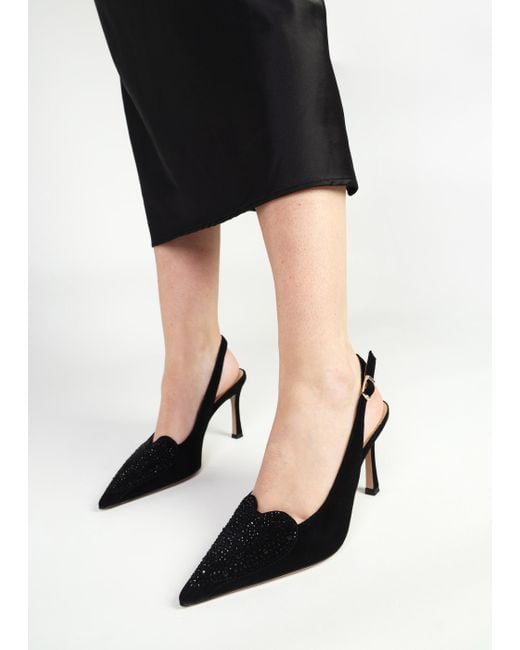 Daniel Elove Black Suede Crystal Heart Toe Cap Heeled Sling Backs