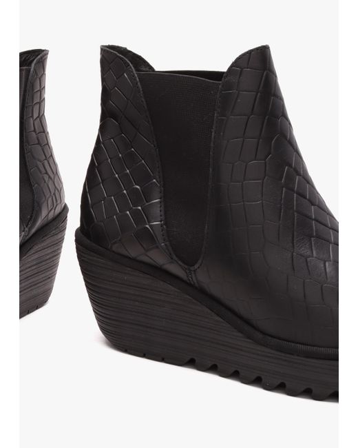 Fly London Yoss Black Leather Moc Croc Wedge Ankle Boots
