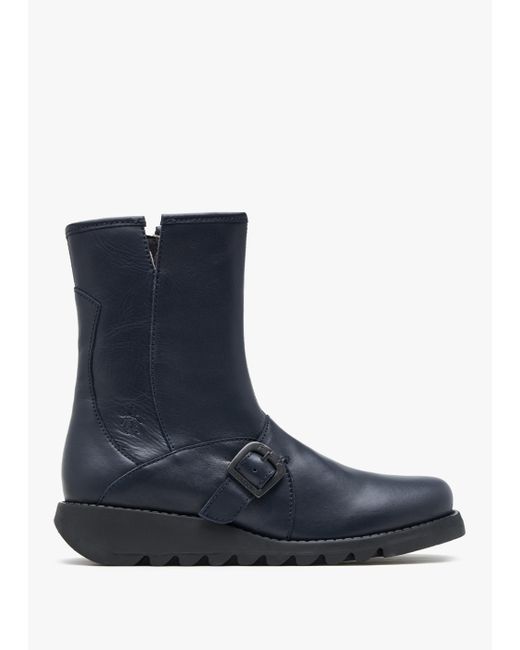 Fly London Blue Sabe Navy Leather Low Wedge Ankle Boots
