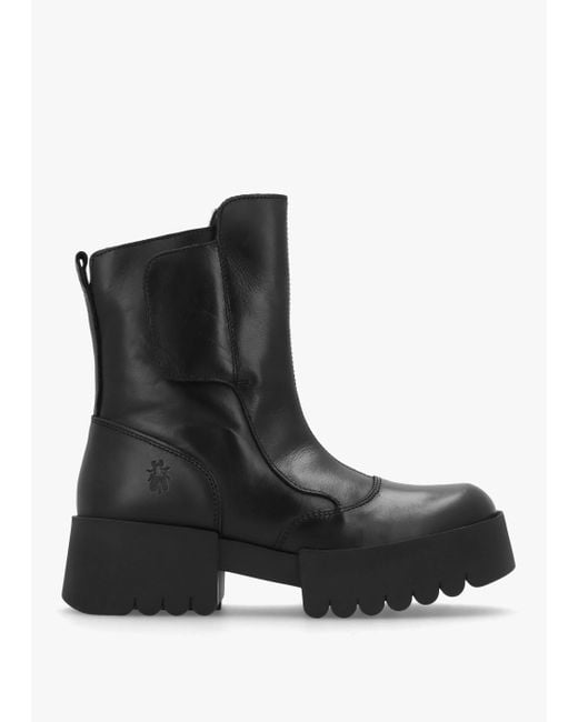 Fly London Egli Black Leather Block Heel Chunky Ankle Boots