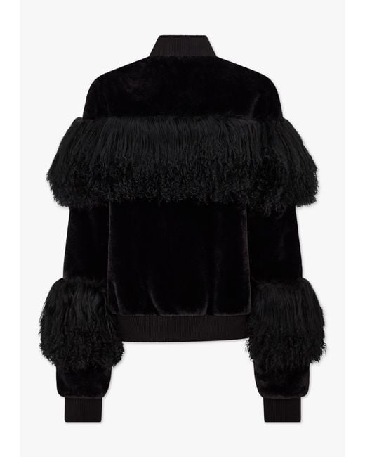 Charlotte Simone Romi Black Faux Fur Mongolian Lambskin Trim Bomber Jacket