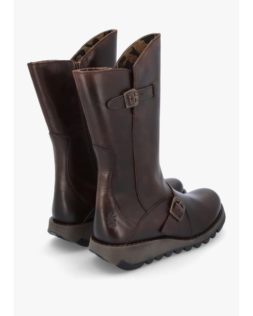 Fly London Mes Ii Dark Brown Leather Low Wedge Calf Boots