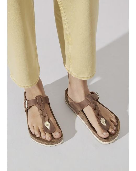 Birkenstock White Gizeh Braided Cognac Oiled Leather Toe Post Sandals