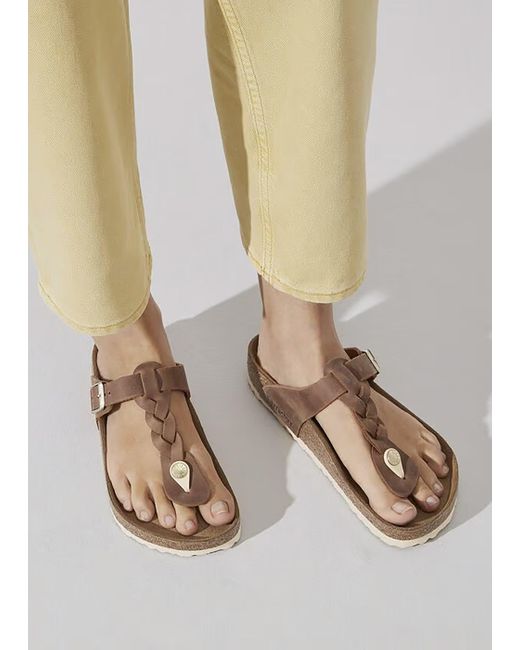 Birkenstock White Gizeh Braided Cognac Oiled Leather Toe Post Sandals