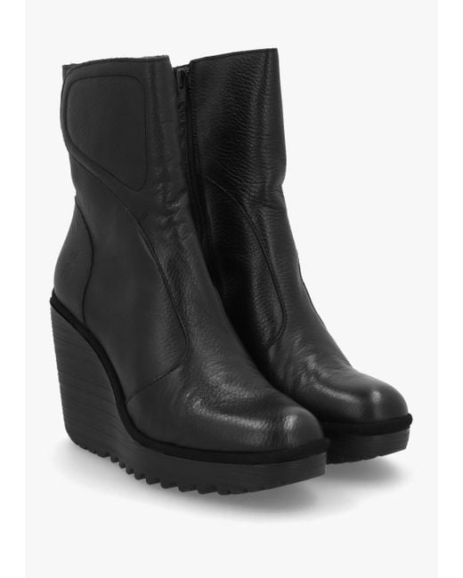 Fly London Dally Black Full Grain Leather High Wedge Ankle Boots