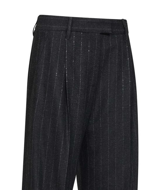 Brunello Cucinelli Black Anthracite Sequin Pinstriped Wool Blend Loose Pleated Trousers