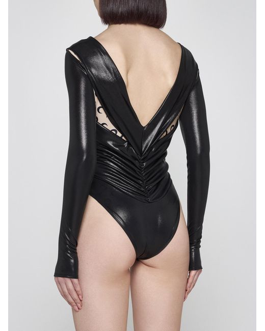 MARINE SERRE Black Laminated And Print Jersey Bodysuit