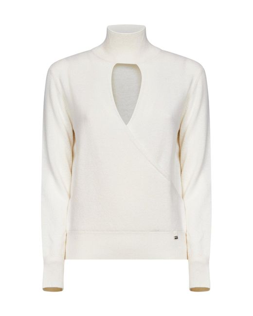 Herno Resort White Ivory Carded Wool Resort Sweater With Cut-Out