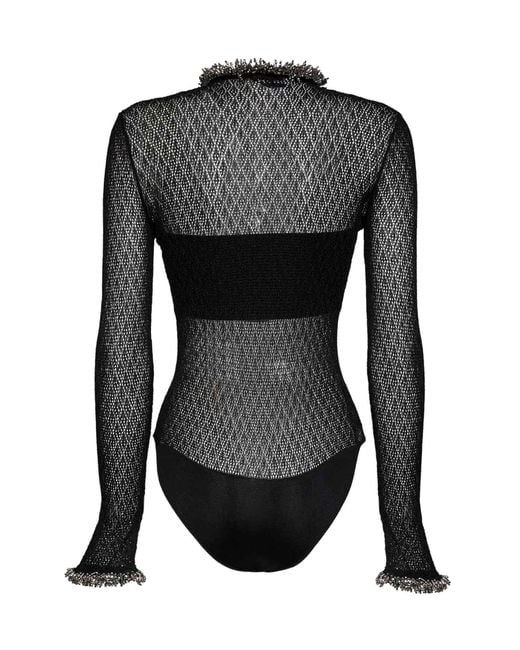 Self-Portrait Black Pointelle Knit Embellished Bodysuit