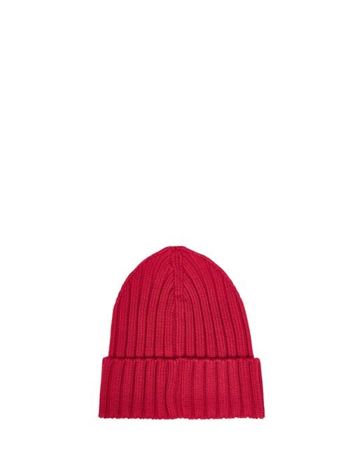 Moncler Red Ribbed Wool Knit Beanie With Logo Patch