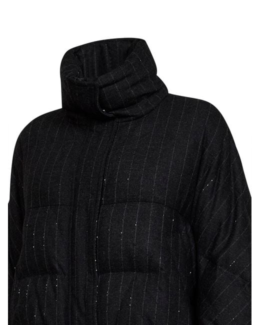 Brunello Cucinelli Black Anthracite Sequin Pinstriped Wool-Blend Puffer Jacket