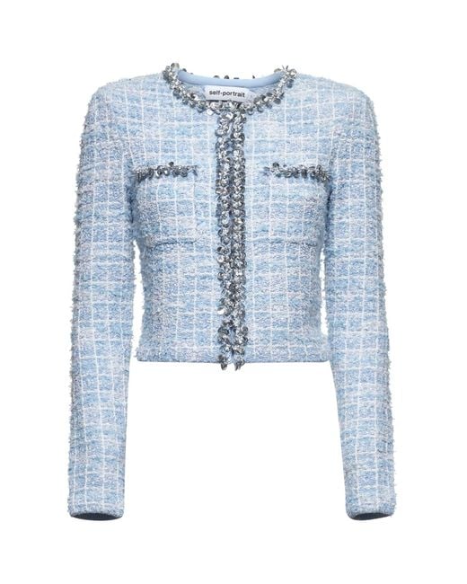 Self-Portrait Blue Light Sequin Check Tweed Cardigan