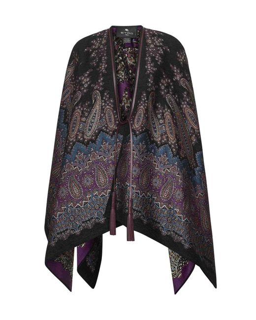 Etro Black Paisley Jacquard Pattern Chenille Cape