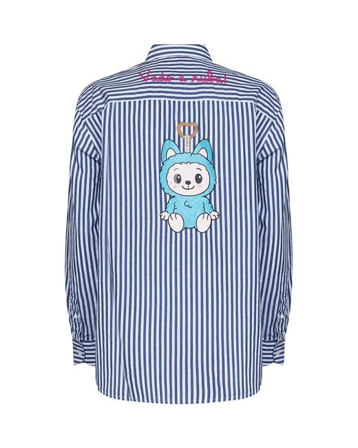 Mc2 Saint Barth Blue And Striped Cotton Brigitte Shirt With Print And Embroidery