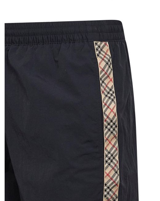 Burberry Blue Nylon Swim Shorts With Check Trims for men