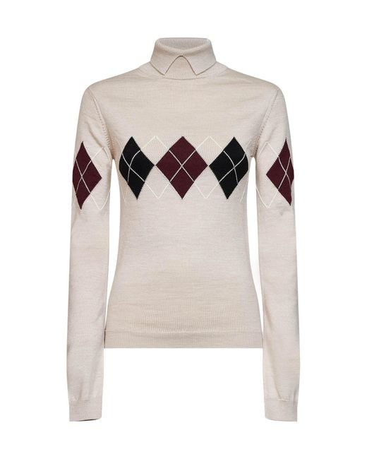 Mugler White Argyle-Pattern Virgin Wool Knit Turtleneck Sweater