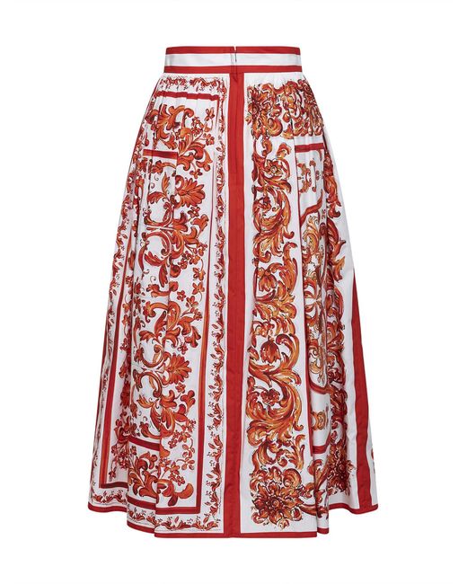 Dolce & Gabbana Red Maiolica-Print Pleated Poplin Midi Skirt