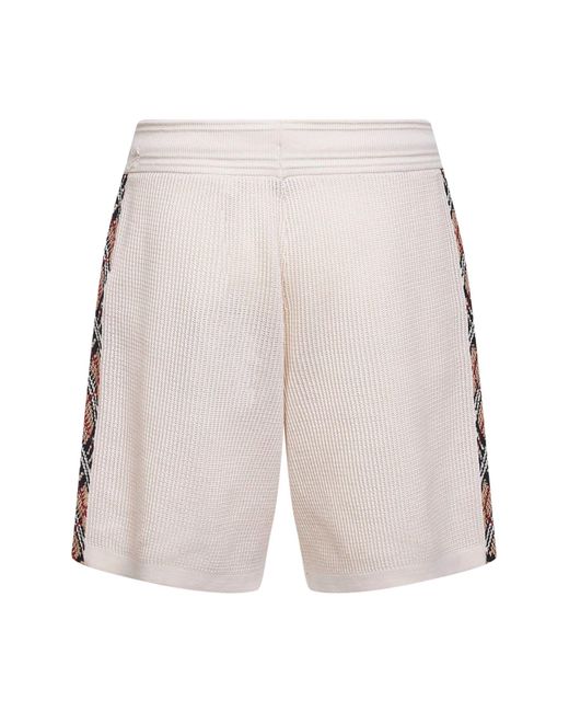 Burberry White Cotton Mesh Shorts With Check Trims for men