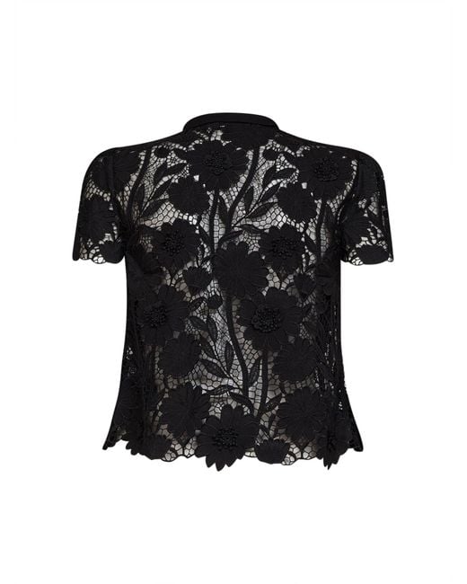 Self-Portrait Black Macramé Lace Top With Tie Neck