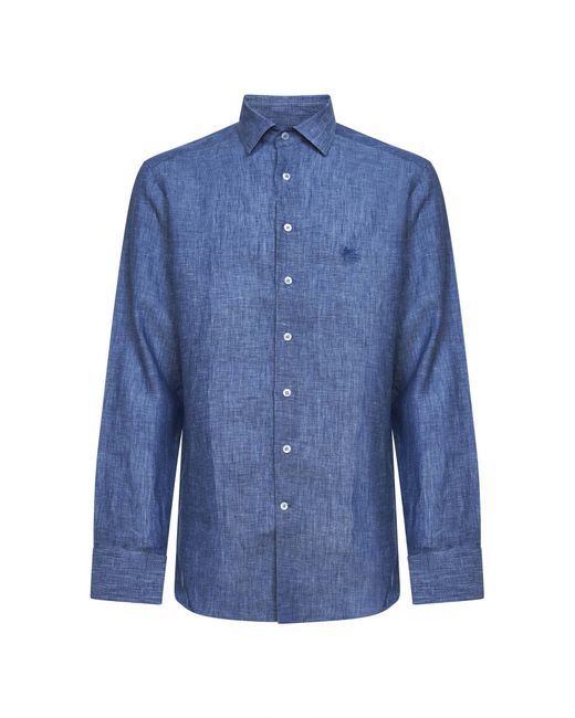 Etro Blue Linen Shirt With Pegaso Embroidery for men