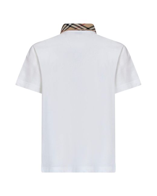 Burberry White Chalk Cotton Pique Polo Shirt With Check Collar for men