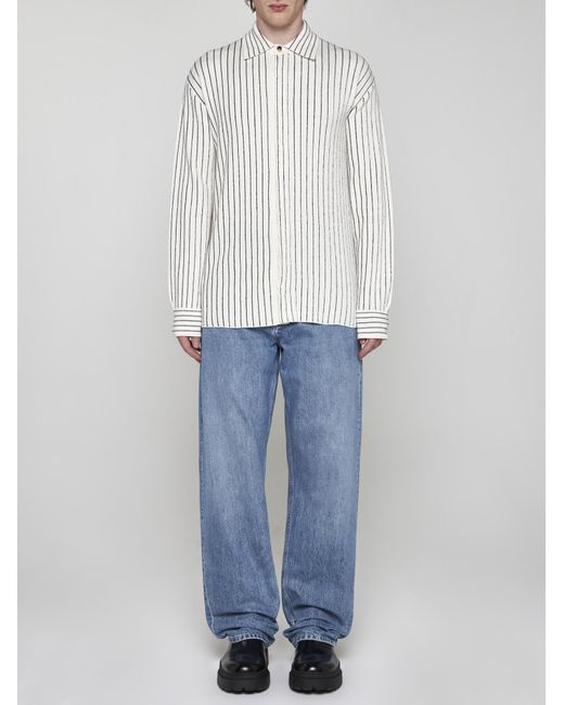 Bottega Veneta White Pinstriped Linen-blend Knit Shirt for men
