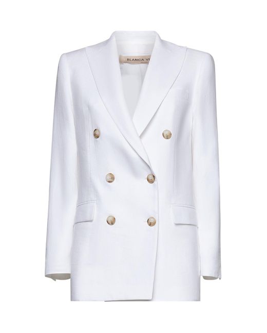 Blanca Vita White Canvas Glixia Double-Breasted Blazer